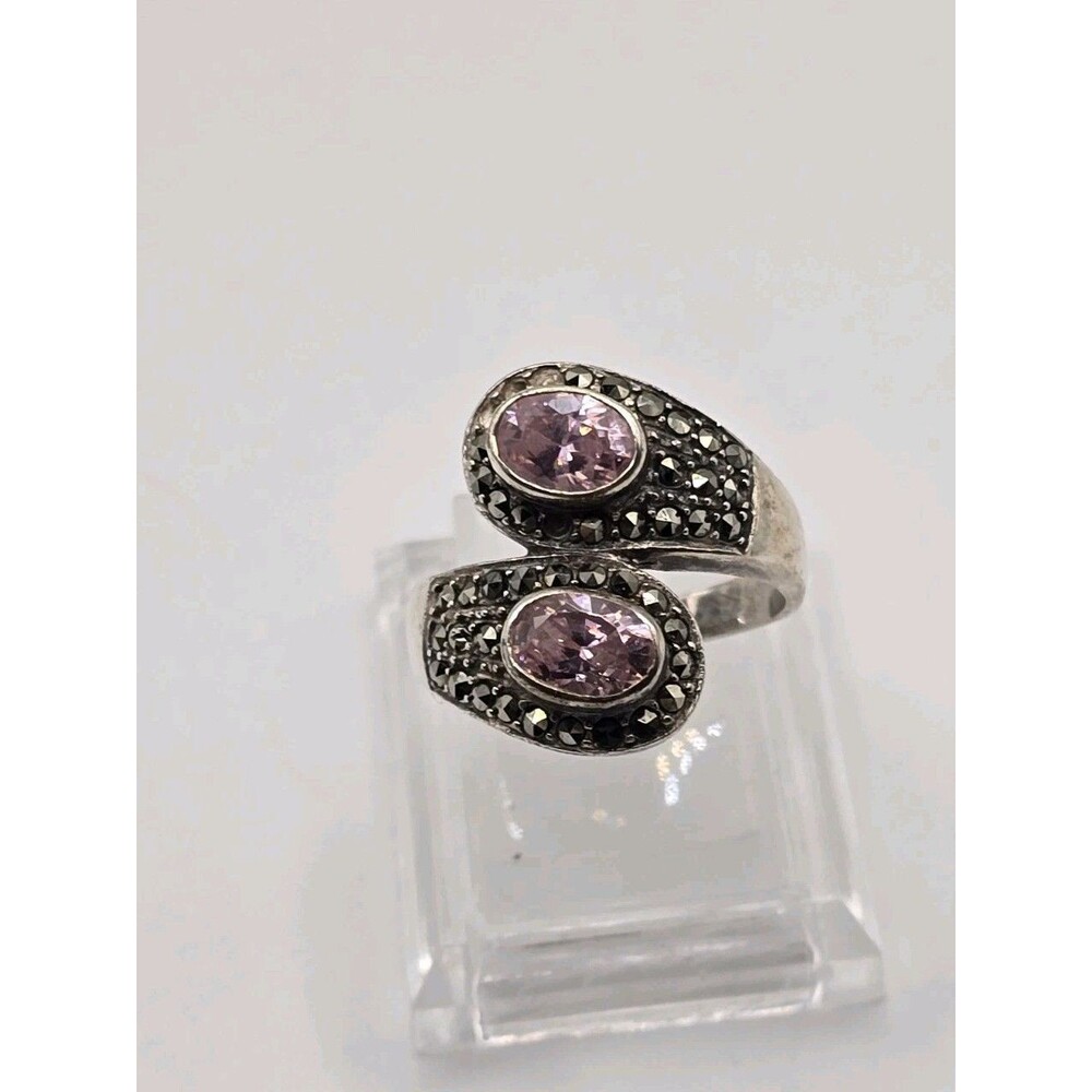Vintage 925 Sterling Silver Marcasite Pink Topaz Bypass Ring Size 7.75